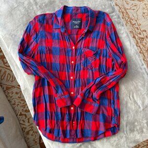 EUC American Eagle Flannel Shirt Long Sleeve Women's Plaid Purple Blue Red Sz L